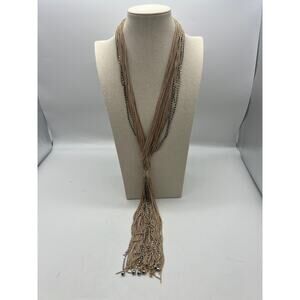 Multi Strand Long Layered Tassel Necklace Beige Cord Silver Chain Tie Statement